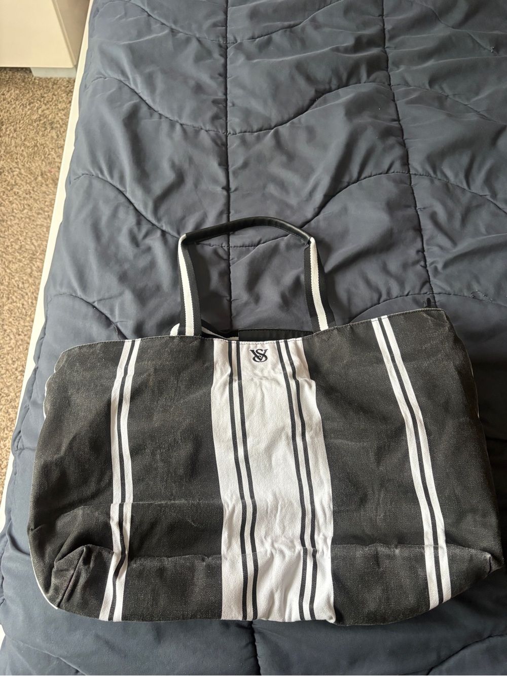 Victoria's Secret Black and White Striped Canvas Tote